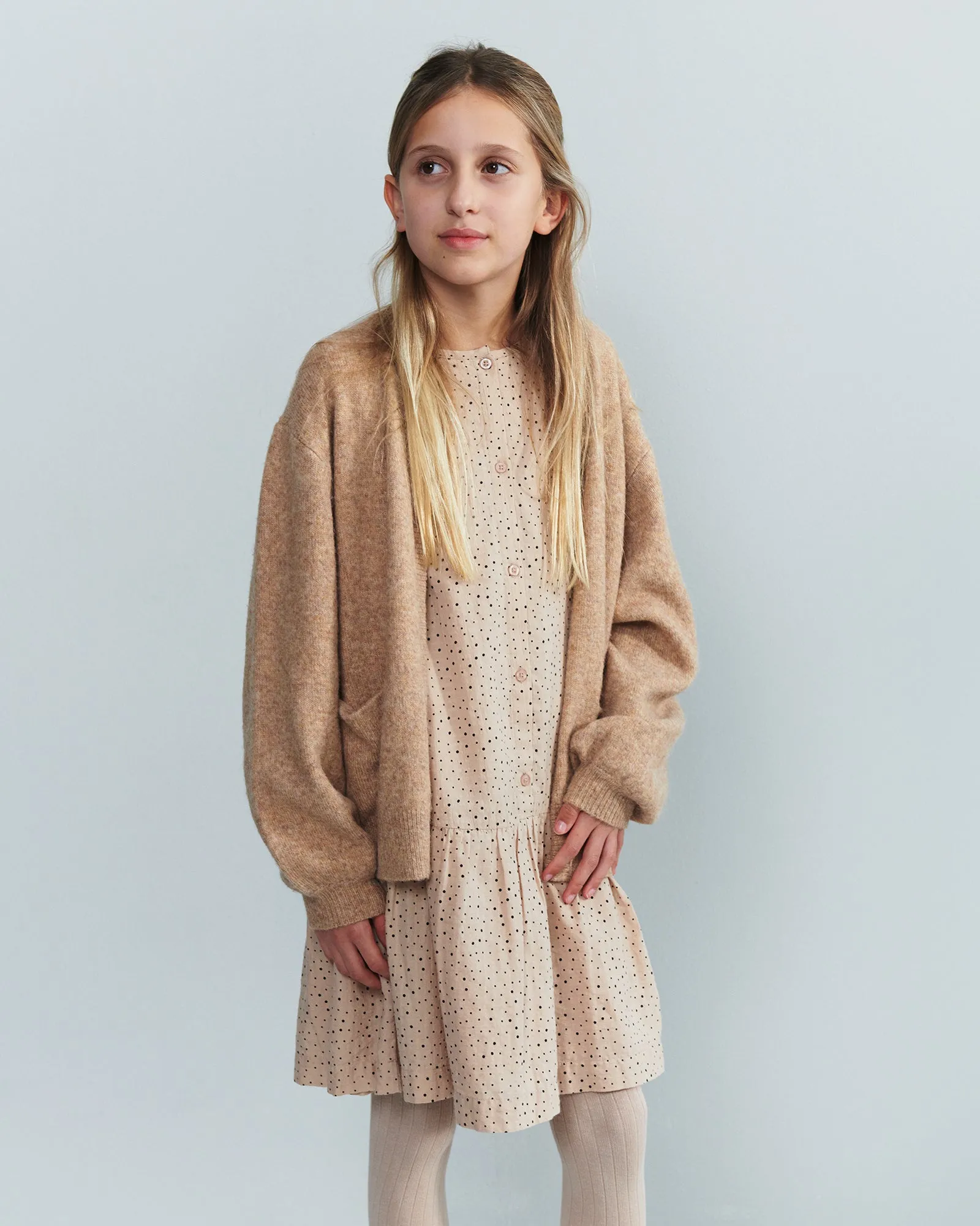 Fyzzy Long Line Knit Cardigan - Tween - Dark Beige Melange