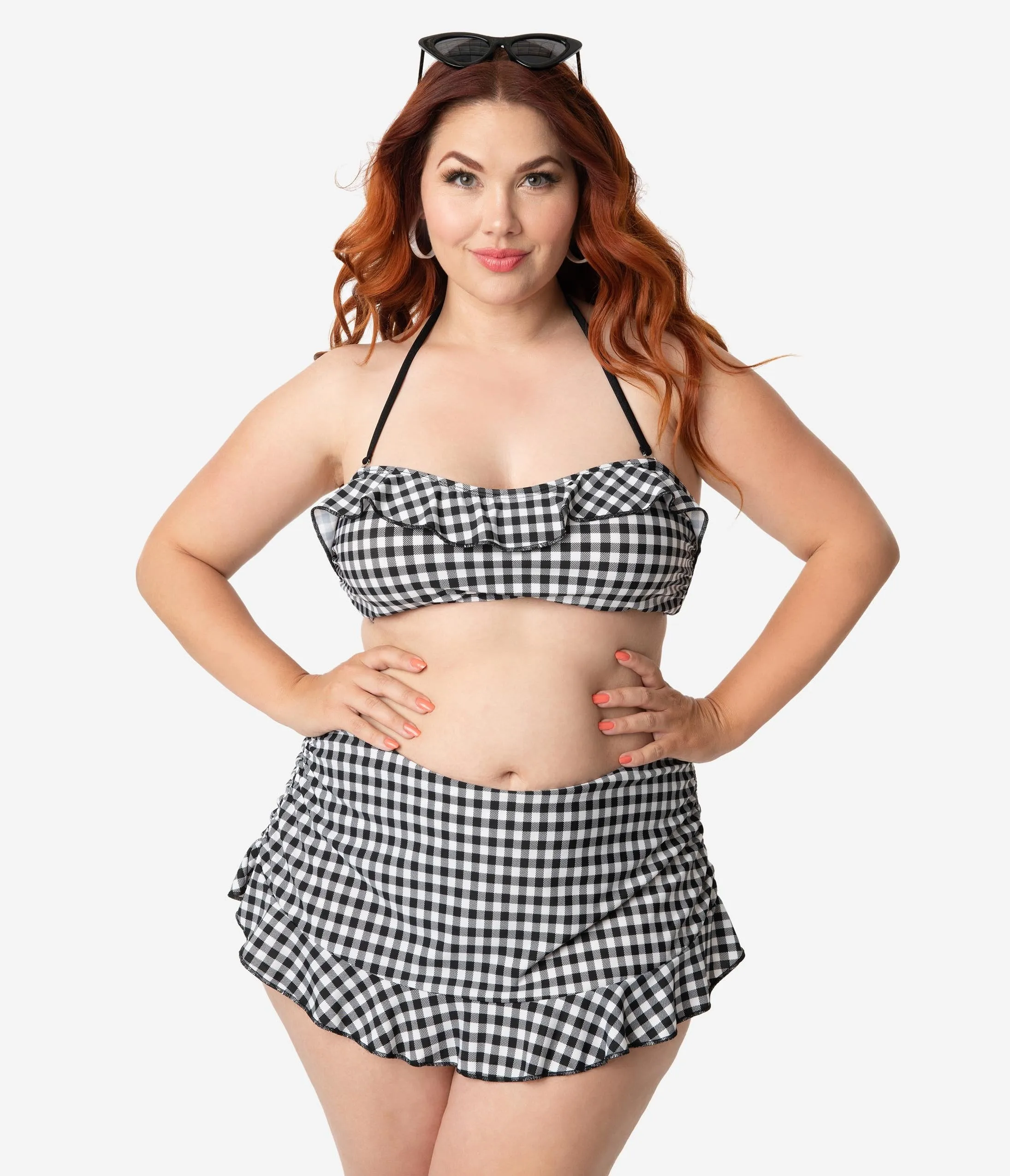 Girl Howdy Plus Size Retro Style Black & White Gingham Ruffle Bandeau Swim Top