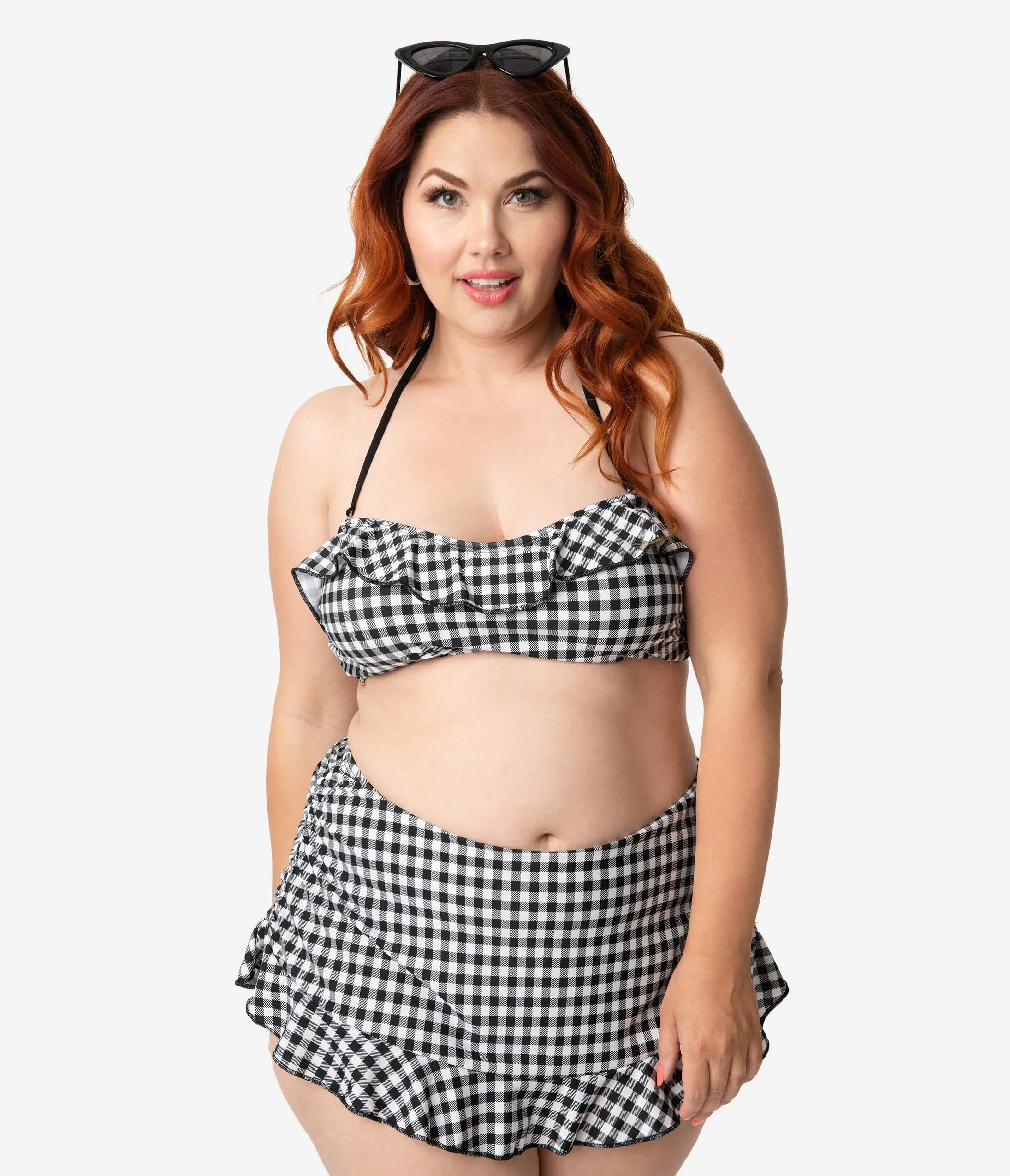 Girl Howdy Plus Size Retro Style Black & White Gingham Ruffle Bandeau Swim Top