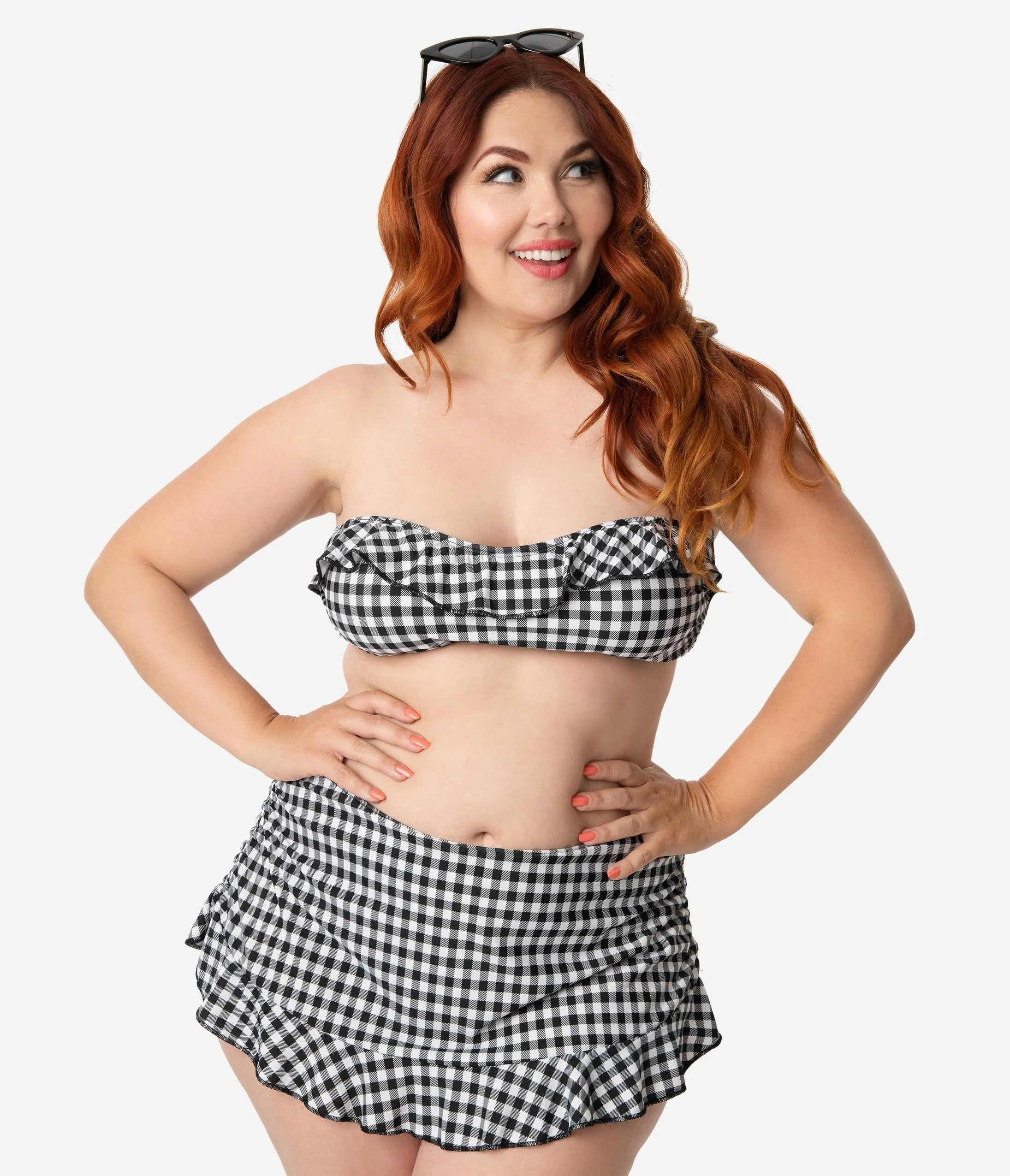 Girl Howdy Plus Size Retro Style Black & White Gingham Ruffle Bandeau Swim Top