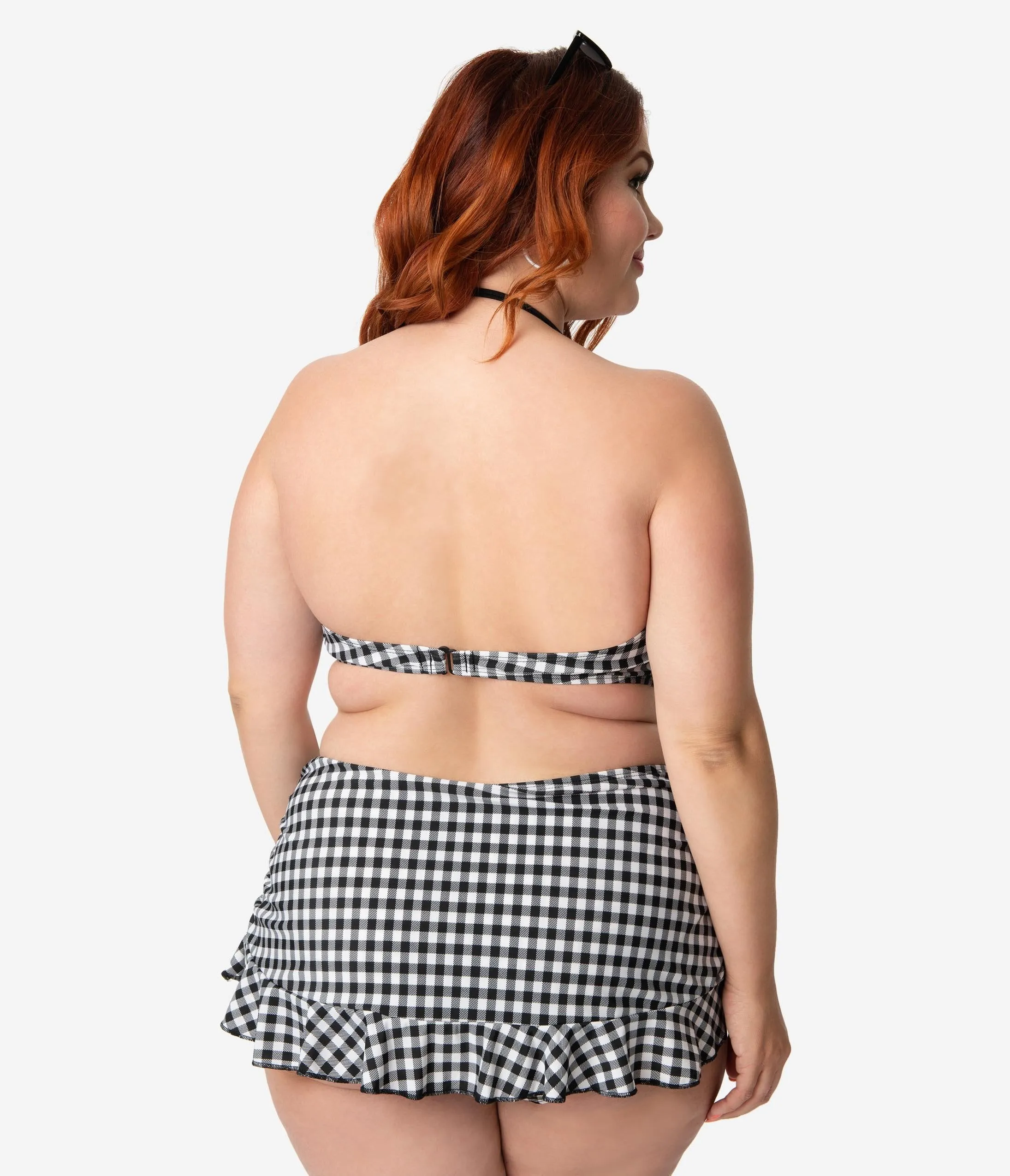 Girl Howdy Plus Size Retro Style Black & White Gingham Ruffle Bandeau Swim Top