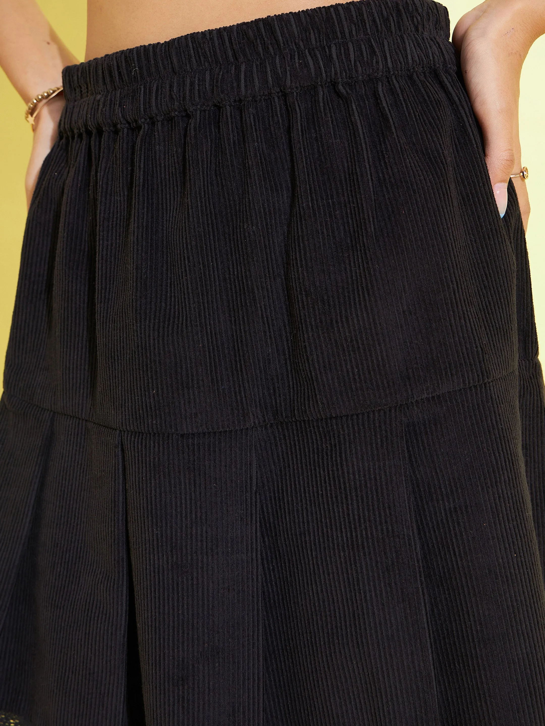 Girls Black Corduroy Pleated Skirt