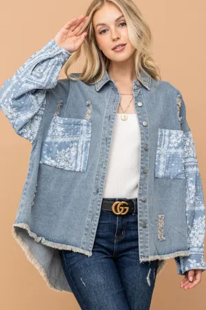 Hot Girl And The Why Paisley Quilted Sleeves Denim Shacket