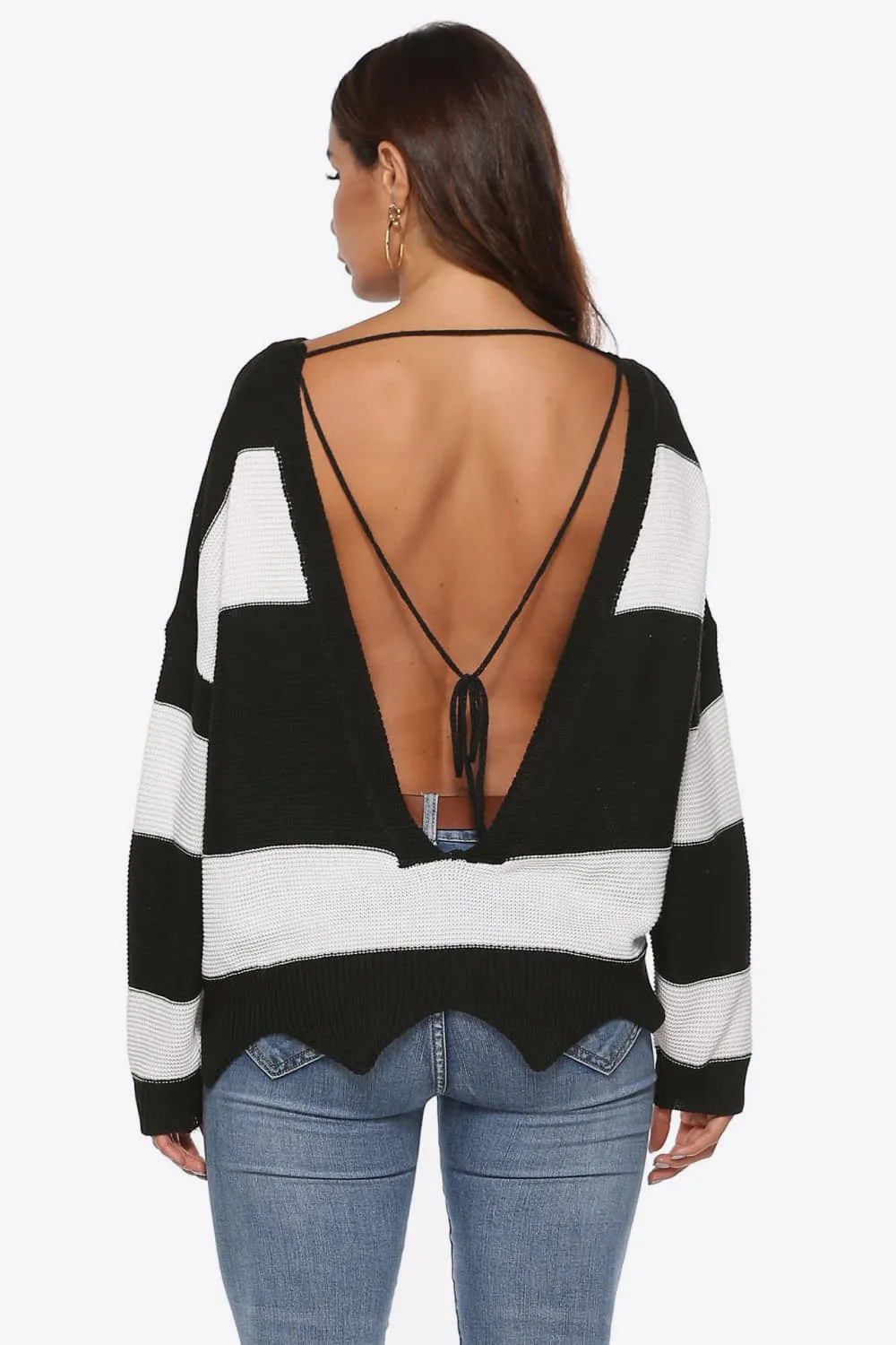 Hot Girl Black & White Striped Backless Distressed Sweater