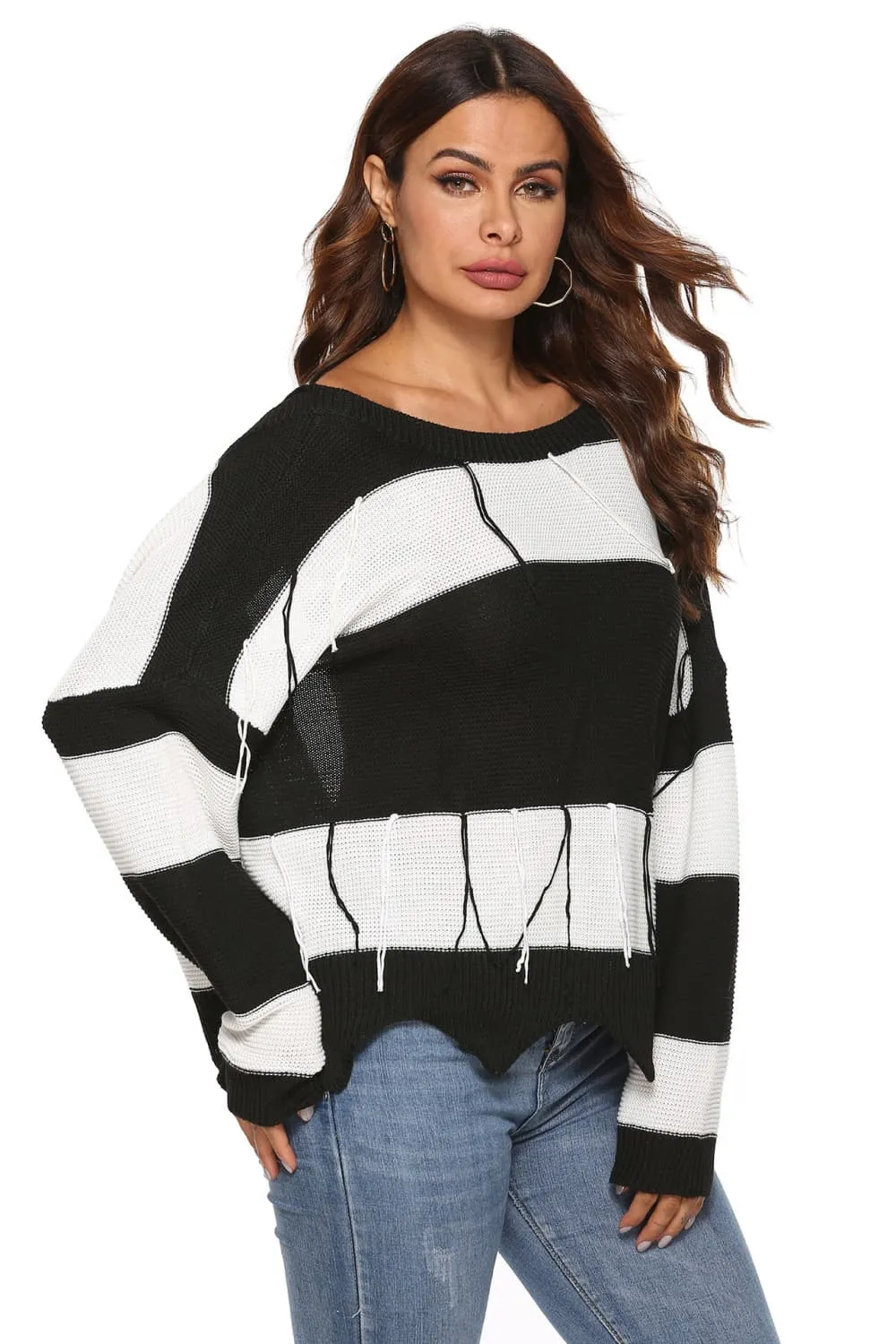 Hot Girl Black & White Striped Backless Distressed Sweater