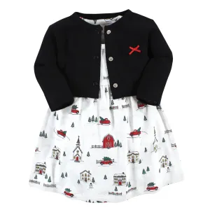 Hudson Baby Cotton Dress and Cardigan Set, Christmas Scene