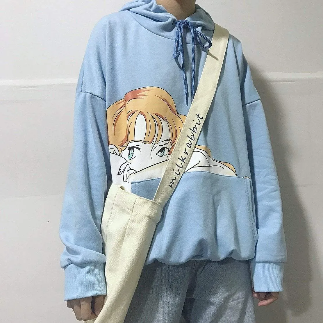 Japanese Comix Anime Girl Blue Oversized Sweatshirt