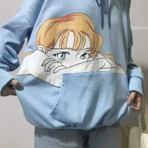 Japanese Comix Anime Girl Blue Oversized Sweatshirt