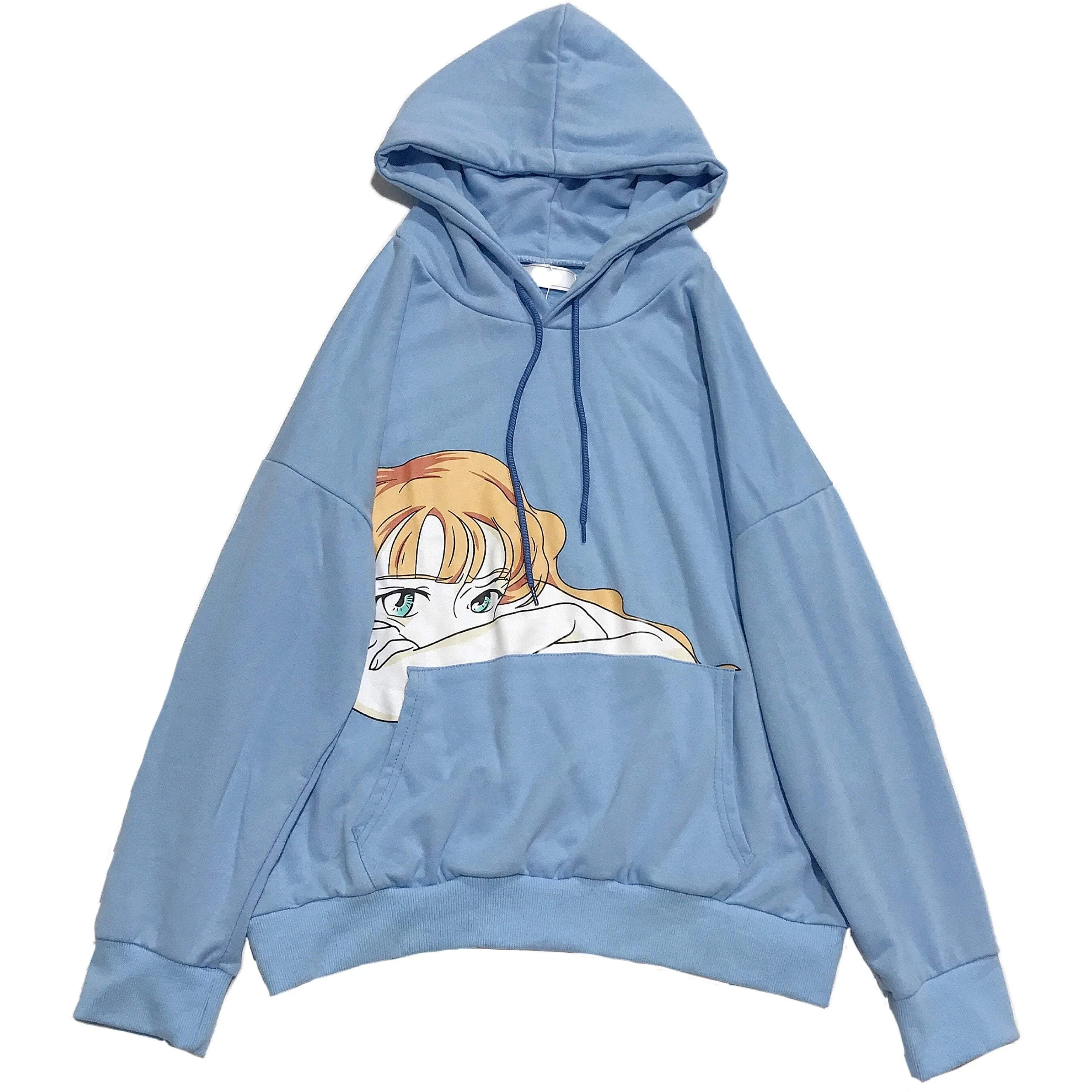 Japanese Comix Anime Girl Blue Oversized Sweatshirt