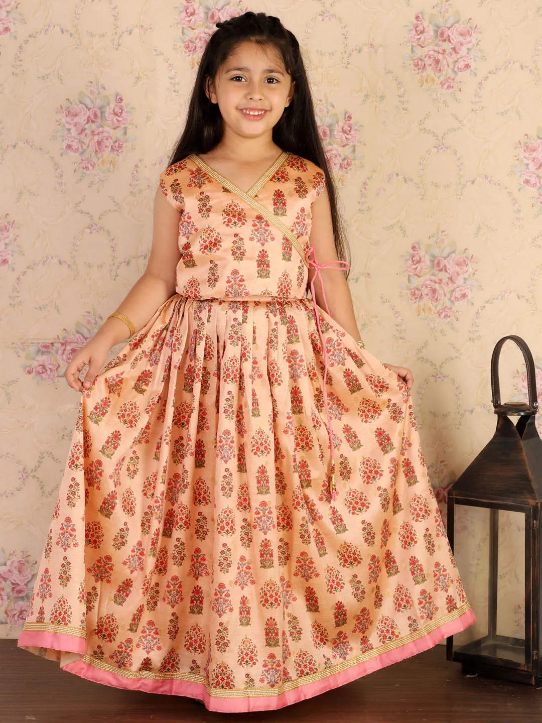 Jashvi Girl's Peach Printed Silk Blend Crop Top & Pleated Long Skirt Set