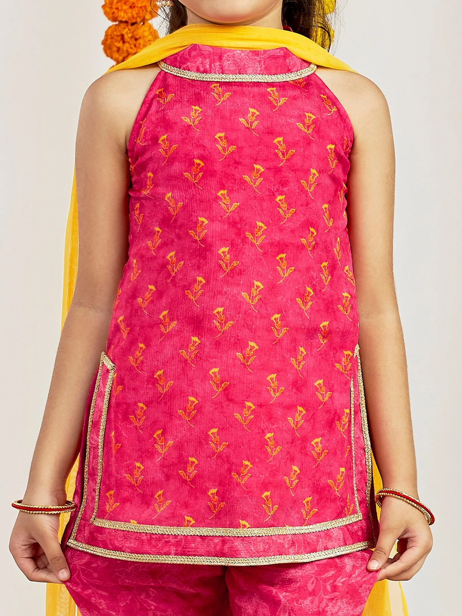 Jashvi Girls' Pink Kurta Sharara And Dupatta Set