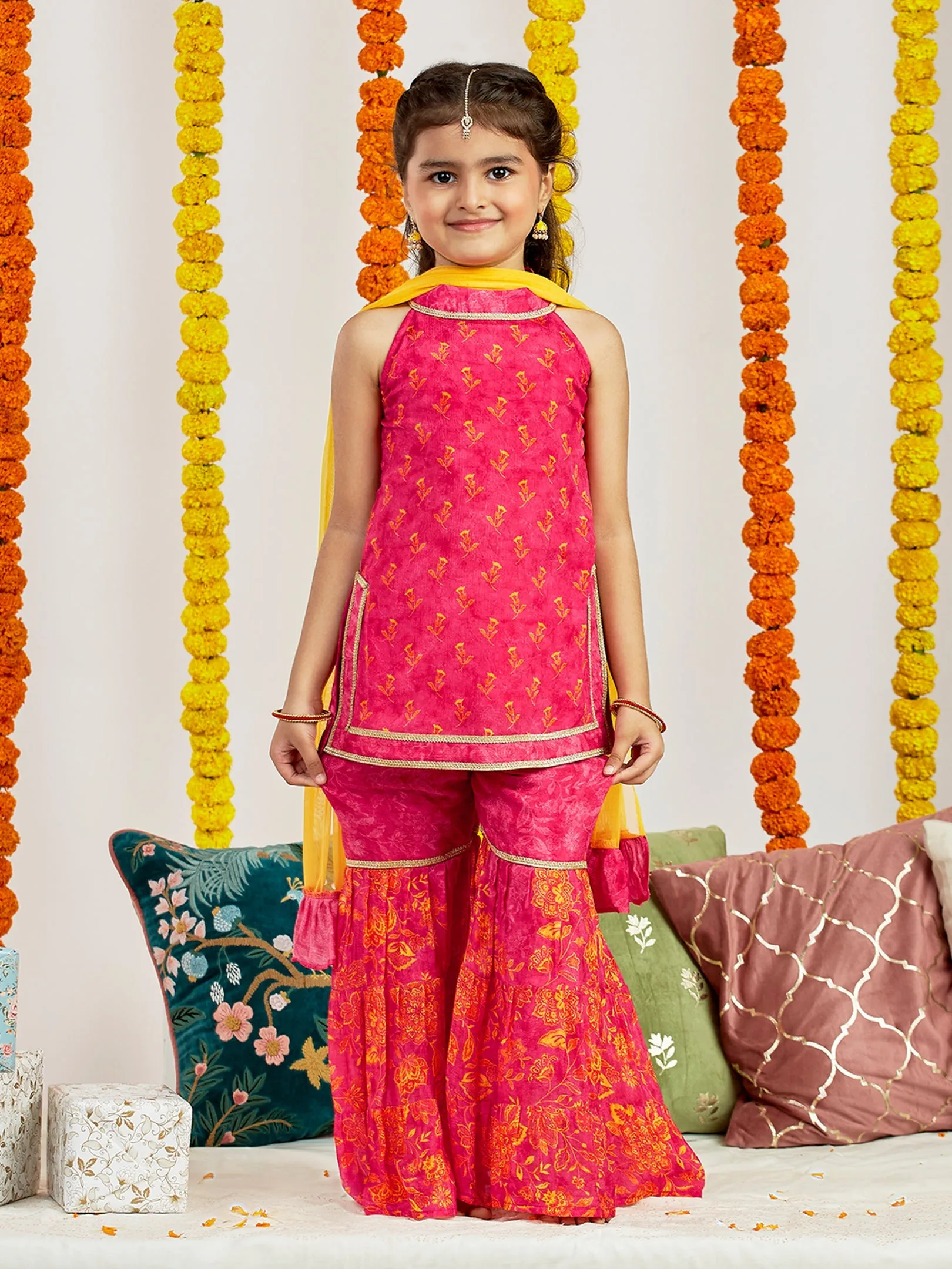 Jashvi Girls' Pink Kurta Sharara And Dupatta Set