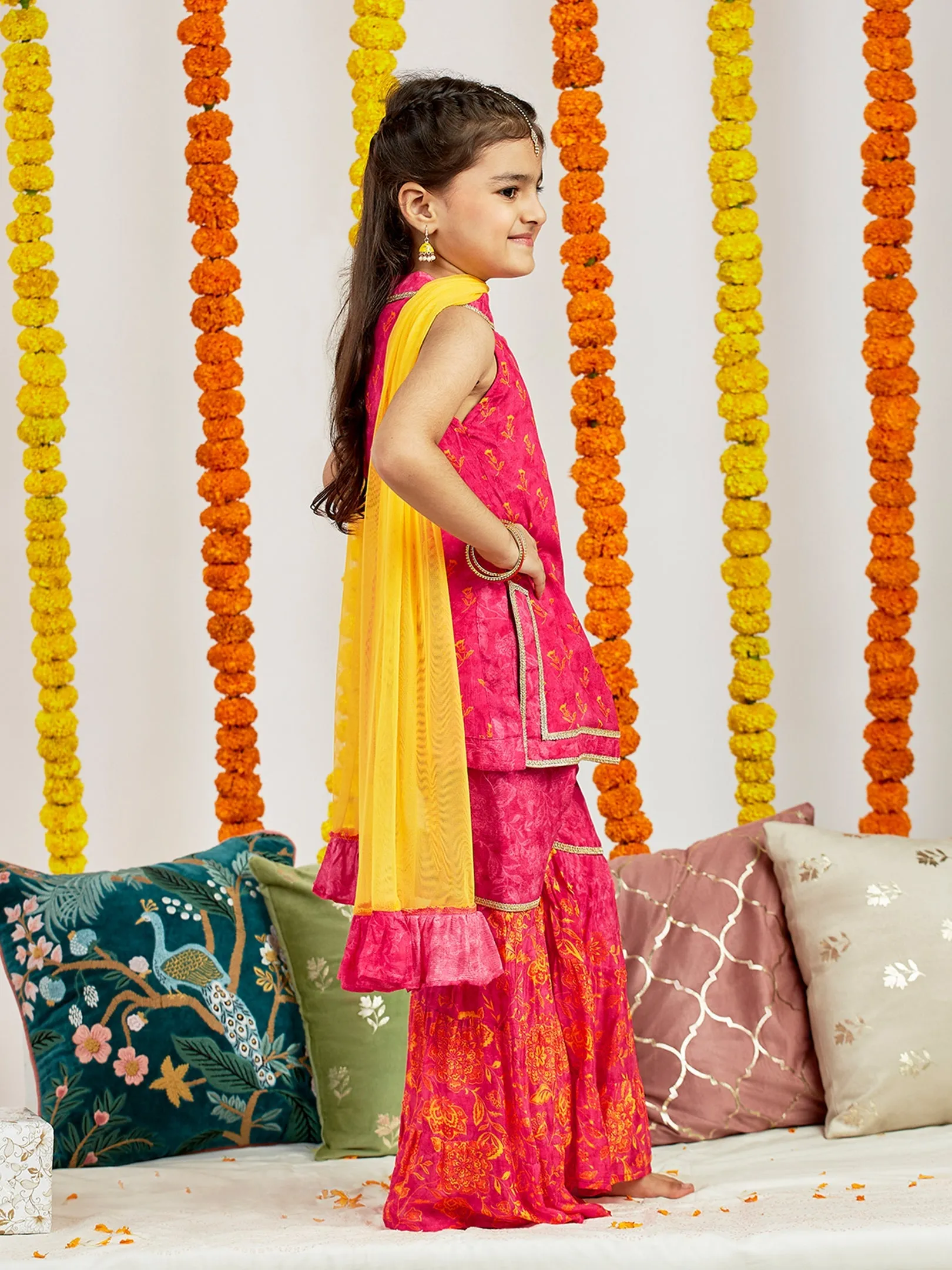 Jashvi Girls' Pink Kurta Sharara And Dupatta Set