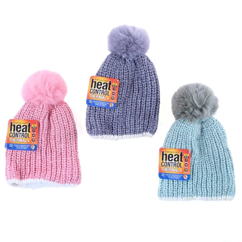 Kids Heat Control Beanie Thermal Lined Pom Pom Chenille & Ribbed