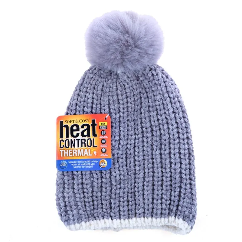 Kids Heat Control Beanie Thermal Lined Pom Pom Chenille & Ribbed