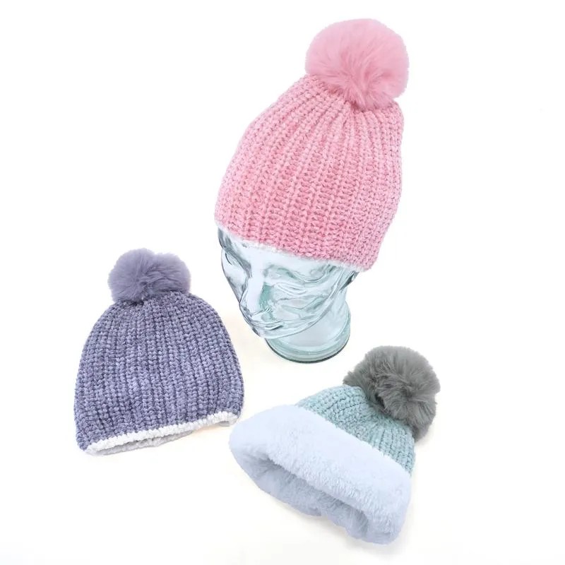 Kids Heat Control Beanie Thermal Lined Pom Pom Chenille & Ribbed