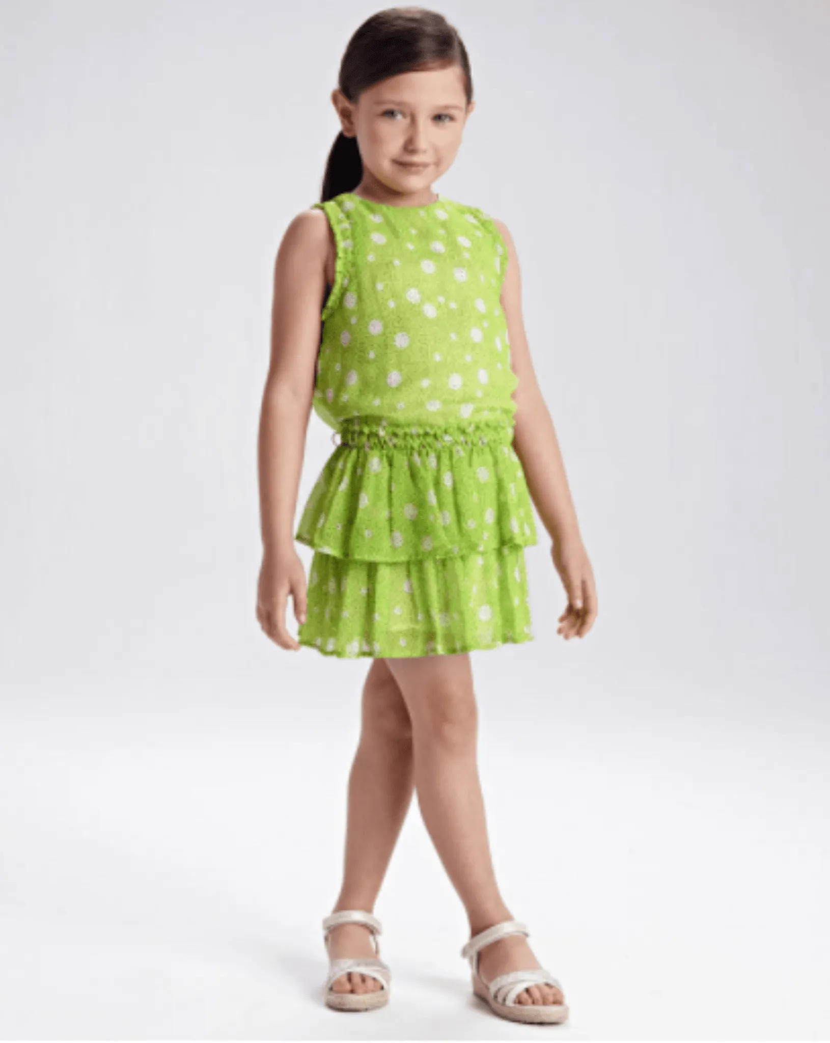 Mayoral Girls Pistachio Chiffon Polka Dot Frill Dress