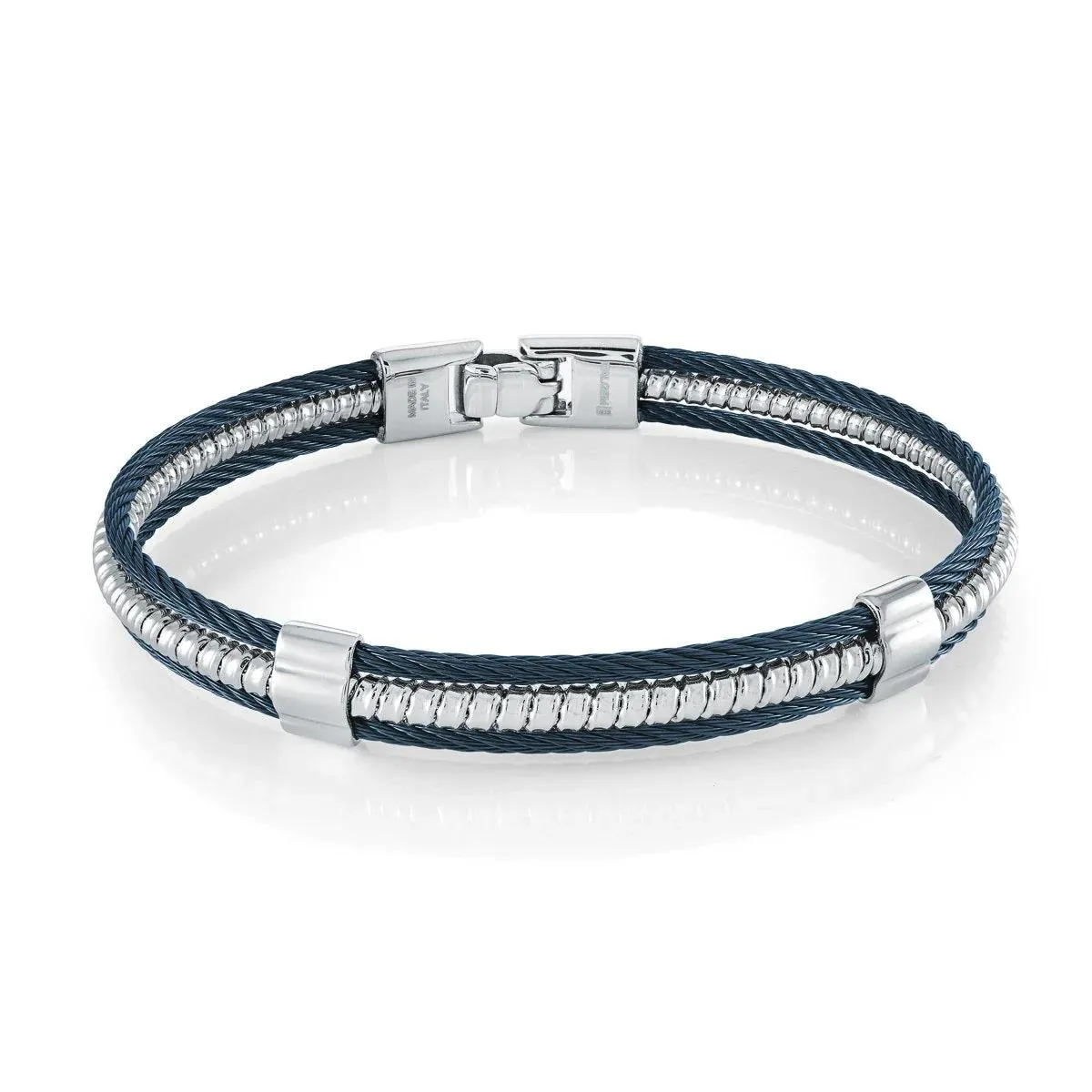 MEN'S BLUE STEEL THREE ROW CABLE BANGLE BRACELET