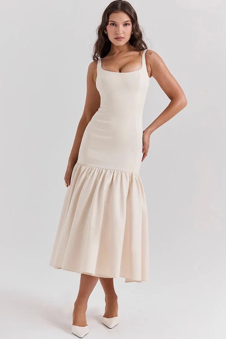 Minimal Scoop Neck Sleeveless Drop Waist Ruffle Cocktail Party Midi Dress