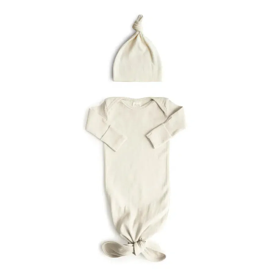 Mushie - Organic Ribbed Cotton Knotted Gown   Hat Sets