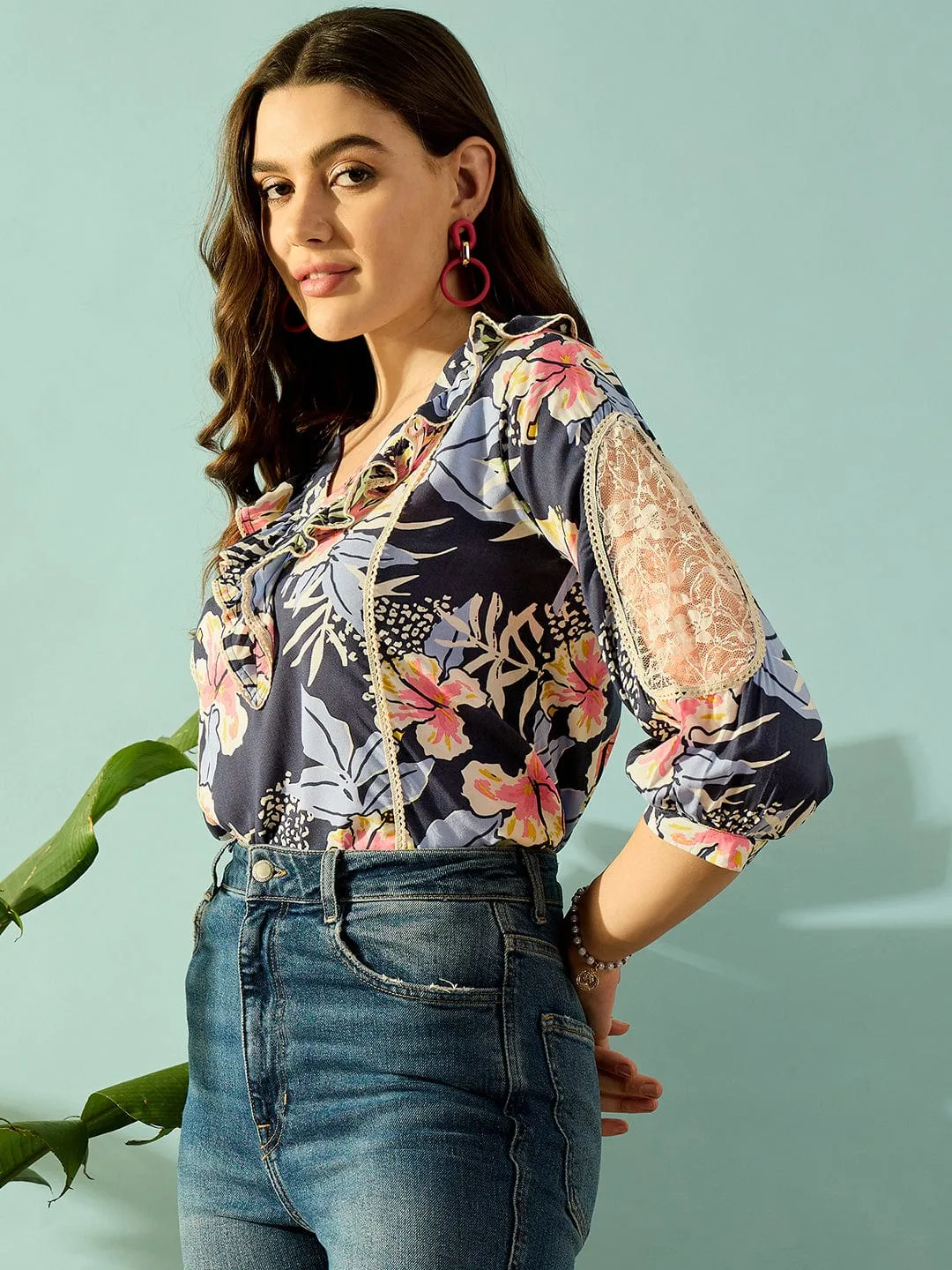 Navy Blue Floral Blossom Ruffled Top