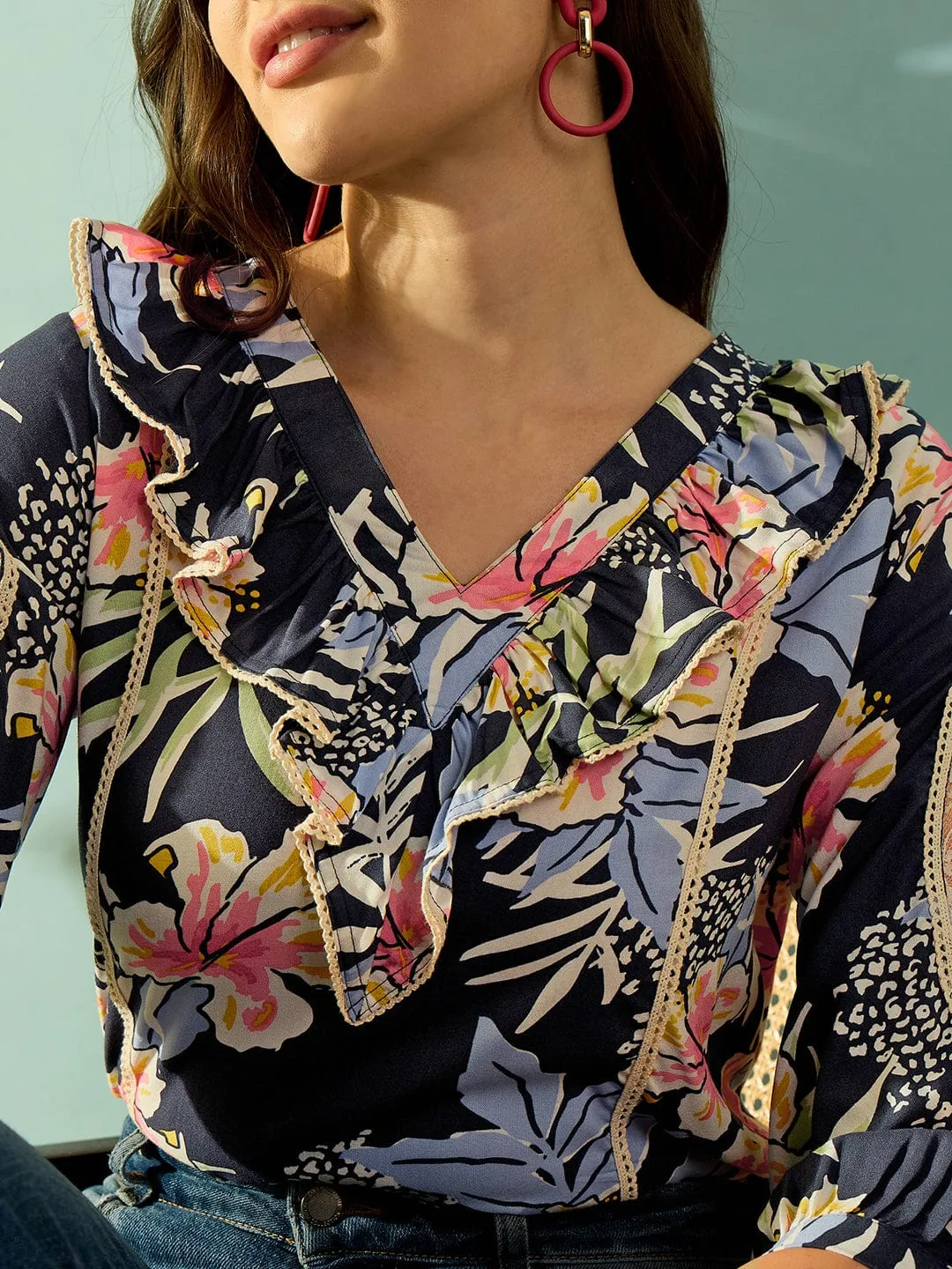 Navy Blue Floral Blossom Ruffled Top