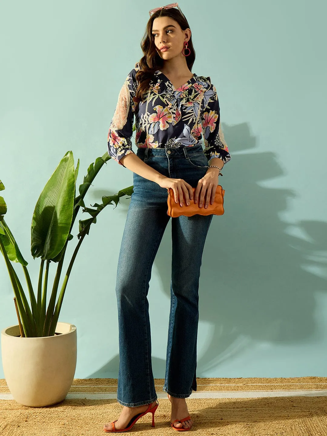 Navy Blue Floral Blossom Ruffled Top