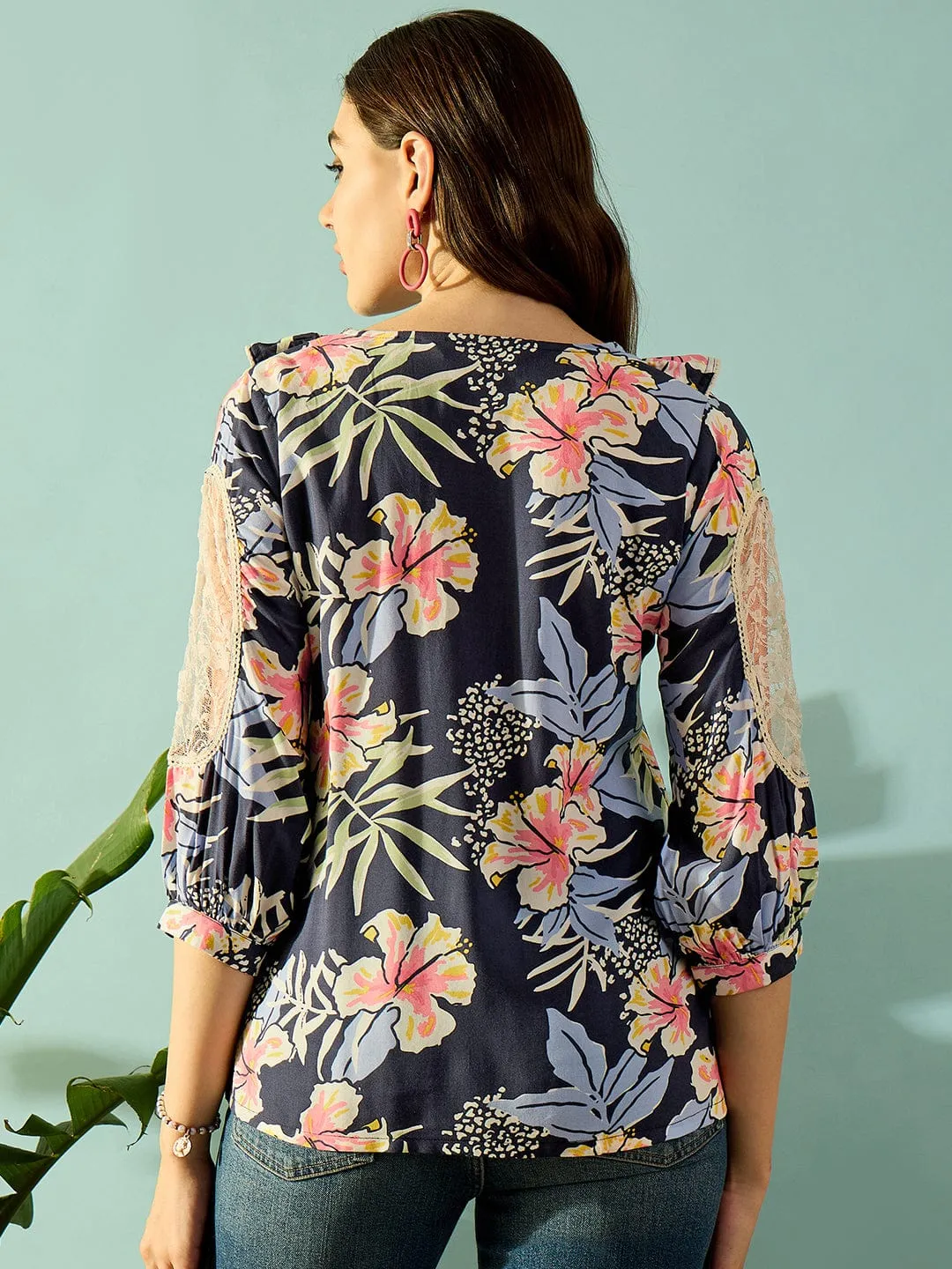 Navy Blue Floral Blossom Ruffled Top