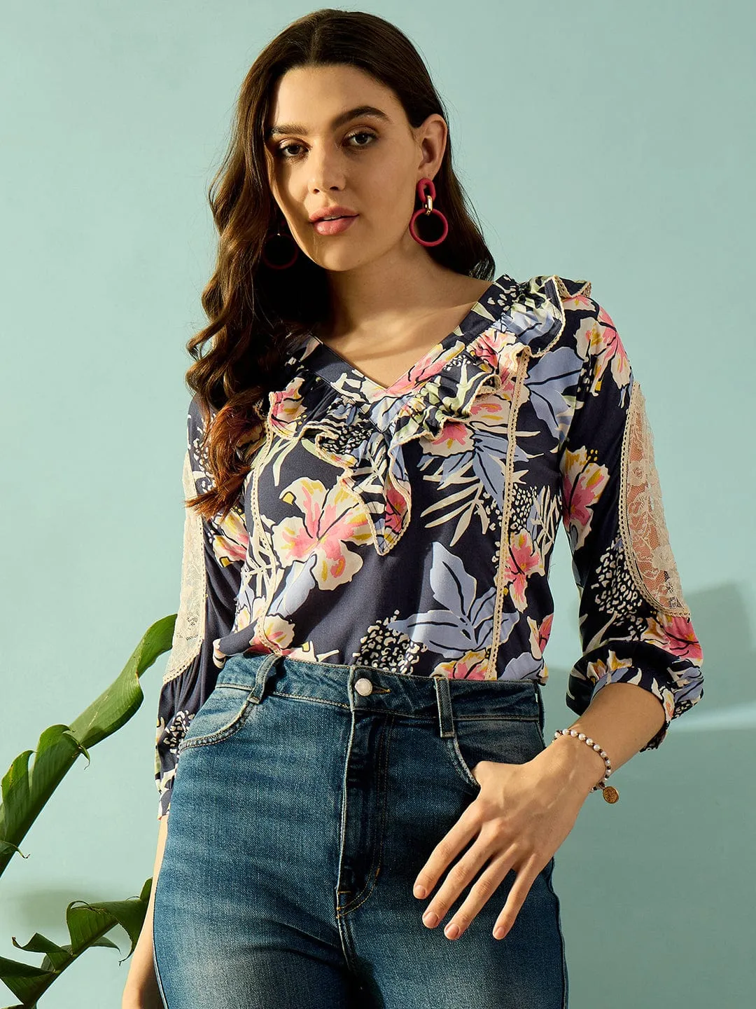 Navy Blue Floral Blossom Ruffled Top