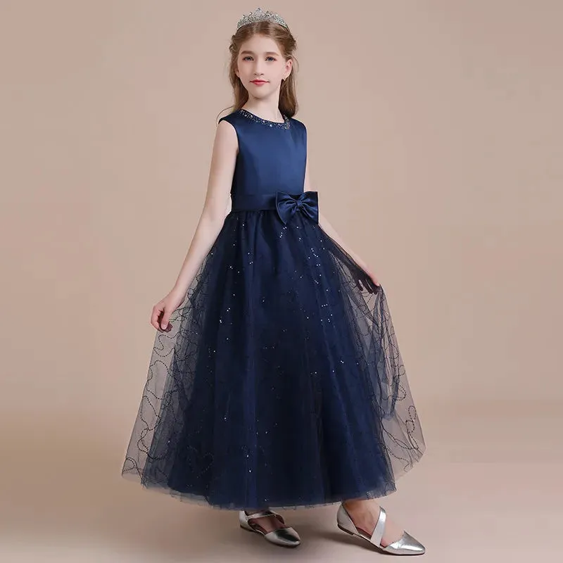 Navy Satin Tulle Long Formal Party Gown Glitter Flower Girl Dress Birthday Party Dress