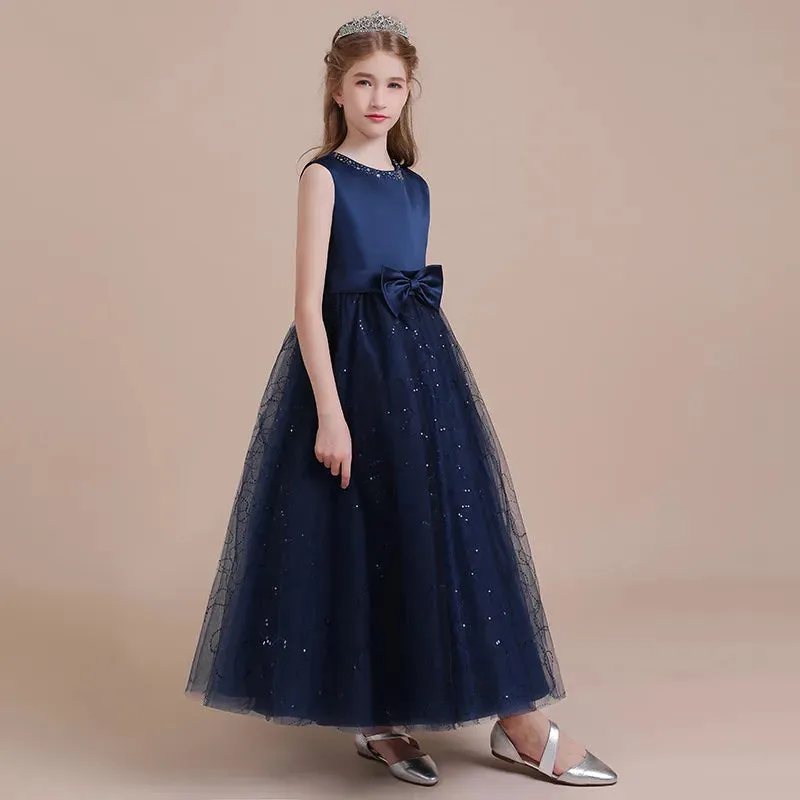 Navy Satin Tulle Long Formal Party Gown Glitter Flower Girl Dress Birthday Party Dress