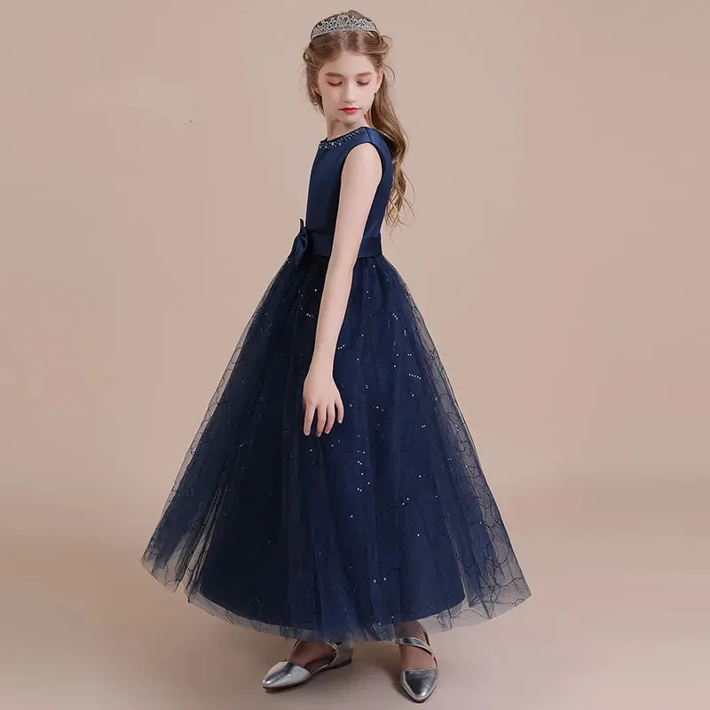 Navy Satin Tulle Long Formal Party Gown Glitter Flower Girl Dress Birthday Party Dress