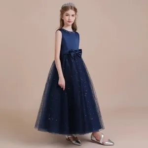 Navy Satin Tulle Long Formal Party Gown Glitter Flower Girl Dress Birthday Party Dress