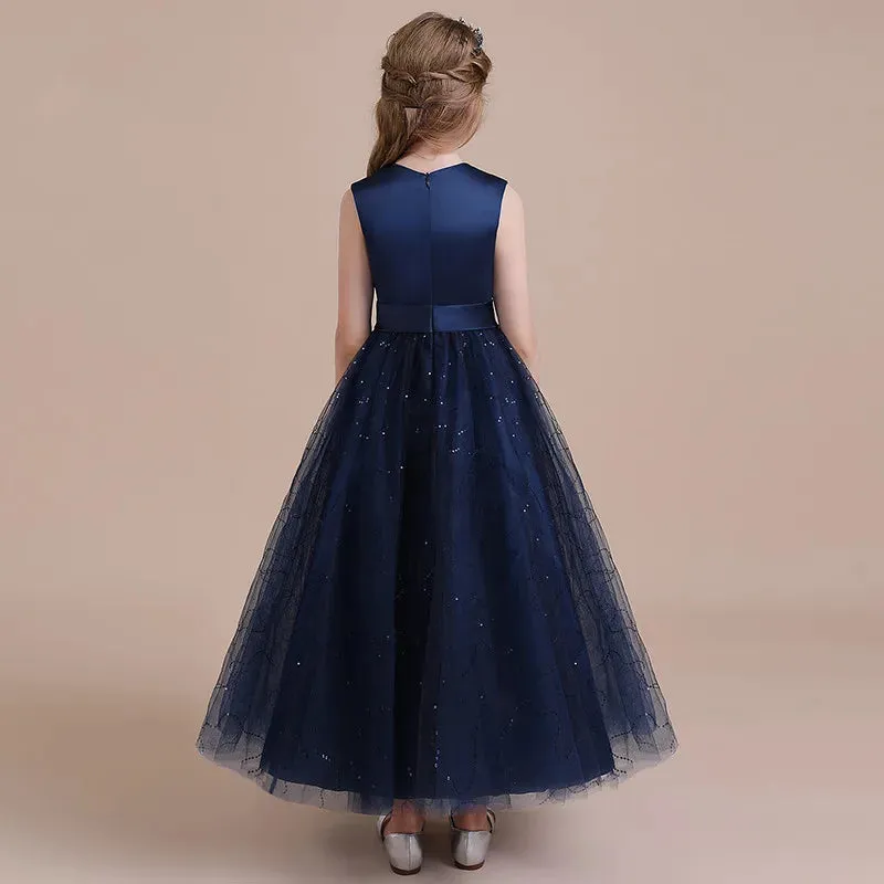 Navy Satin Tulle Long Formal Party Gown Glitter Flower Girl Dress Birthday Party Dress