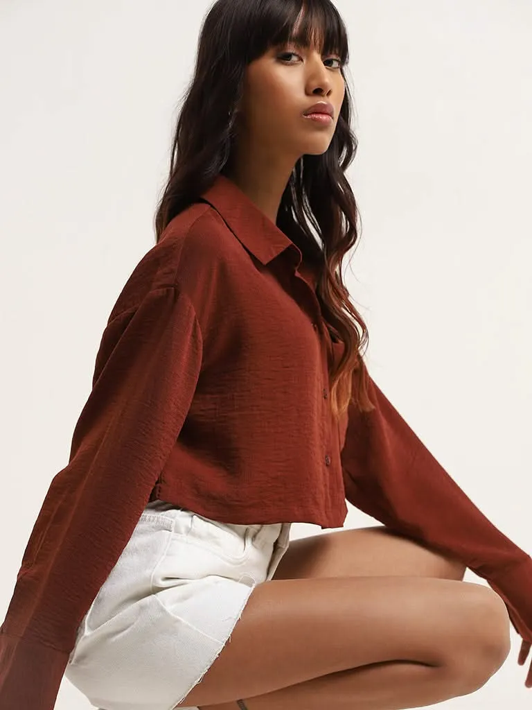 Nuon Brown Crinkled Crop Shirt