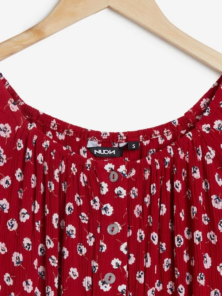 Nuon Red Floral Patterned Bubble Crop-Top