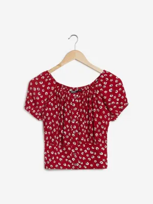 Nuon Red Floral Patterned Bubble Crop-Top