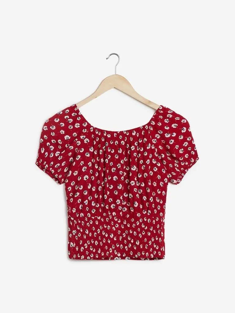 Nuon Red Floral Patterned Bubble Crop-Top