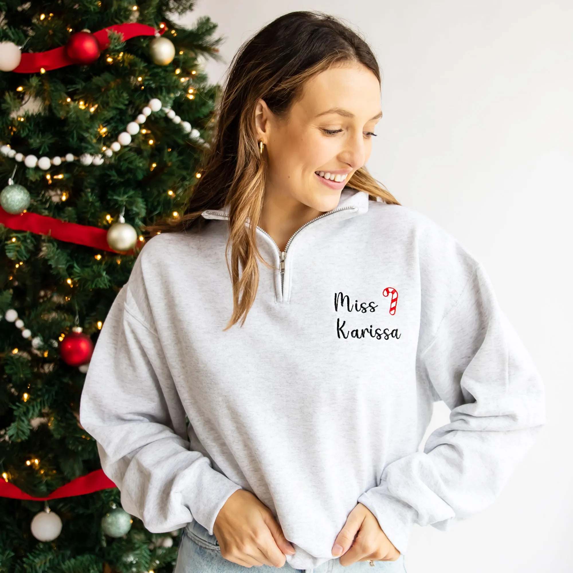 Personalized Mini Candy Cane Teacher Quarter Zip Sweatshirt