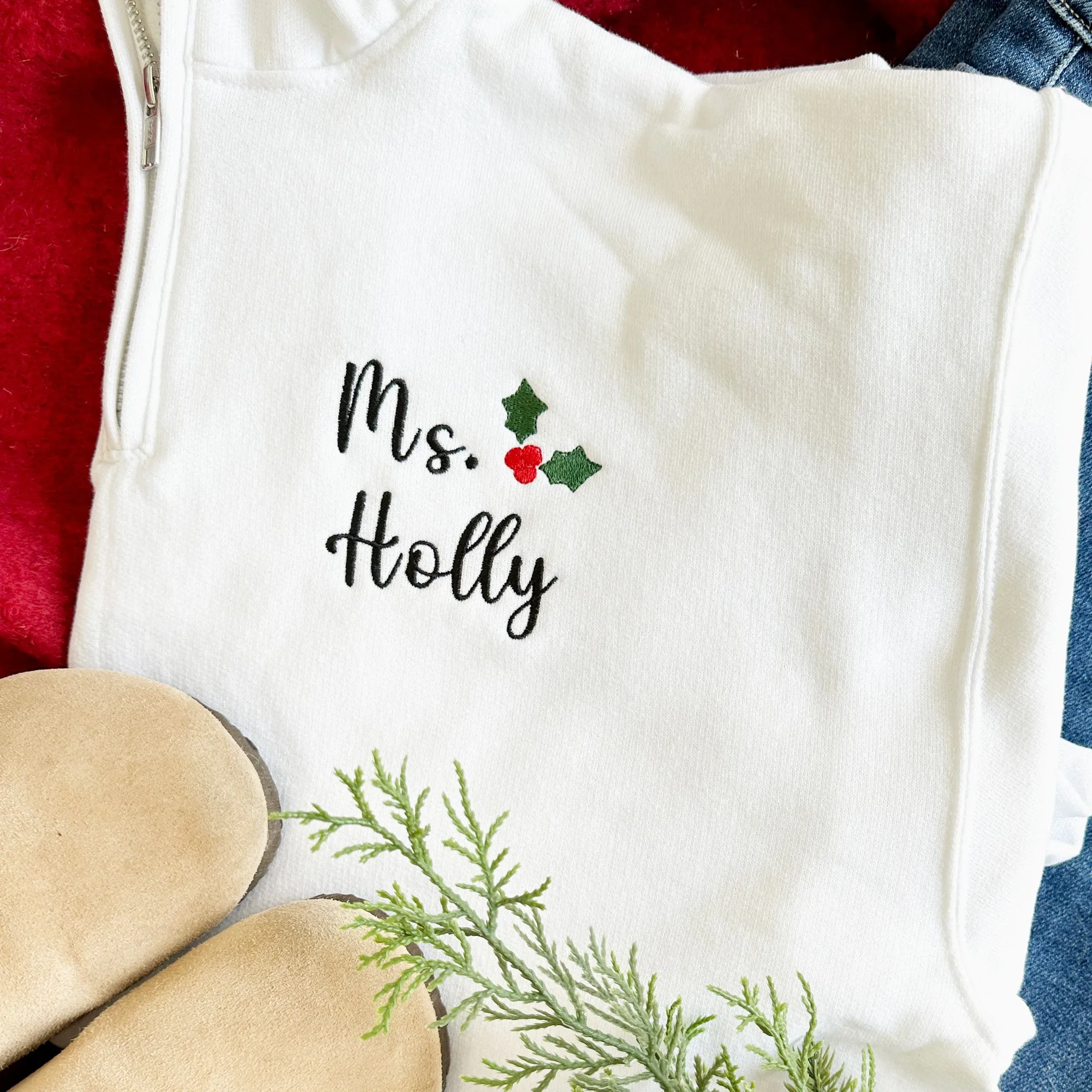 Personalized Mini Holly Leaf Teacher Quarter Zip Sweatshirt