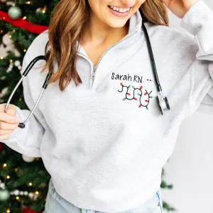 Personalized Nurse Christmas Lights Stethoscope Q-Zip Embroidered Sweatshirt