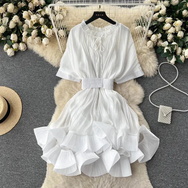 Pre Order:  Solid Lace Up Waist Ruffled Hem Fluffy Dress