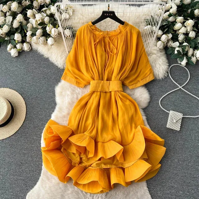 Pre Order:  Solid Lace Up Waist Ruffled Hem Fluffy Dress