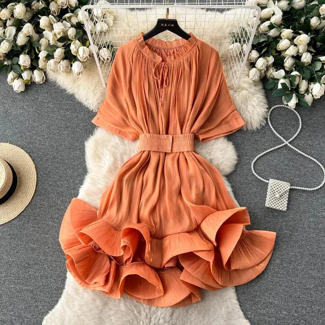 Pre Order:  Solid Lace Up Waist Ruffled Hem Fluffy Dress