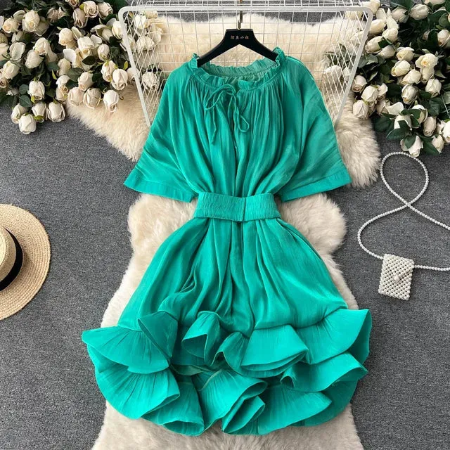 Pre Order:  Solid Lace Up Waist Ruffled Hem Fluffy Dress