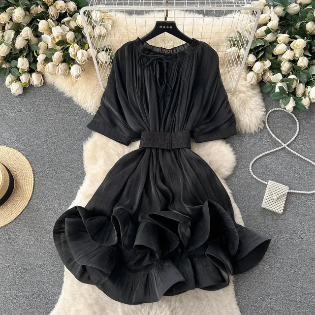 Pre Order:  Solid Lace Up Waist Ruffled Hem Fluffy Dress