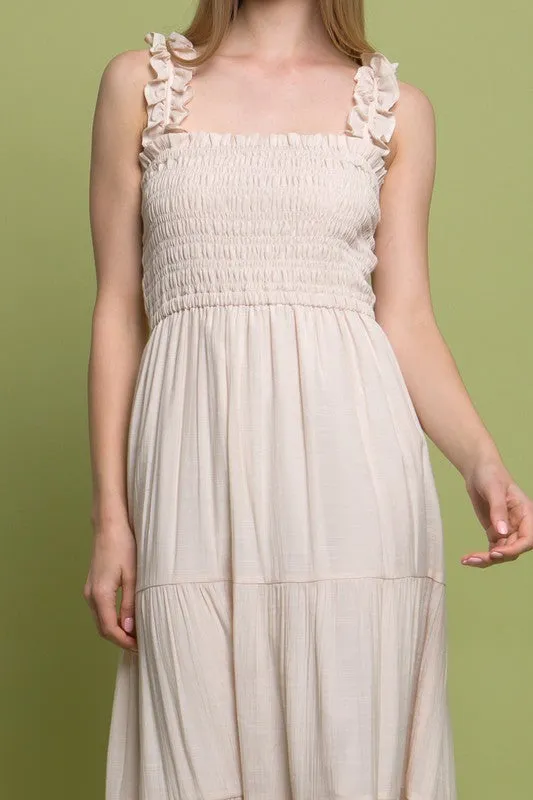 "That Girl" Ruffle Strap Smocked Tiered Maxi Dress - Nude Color