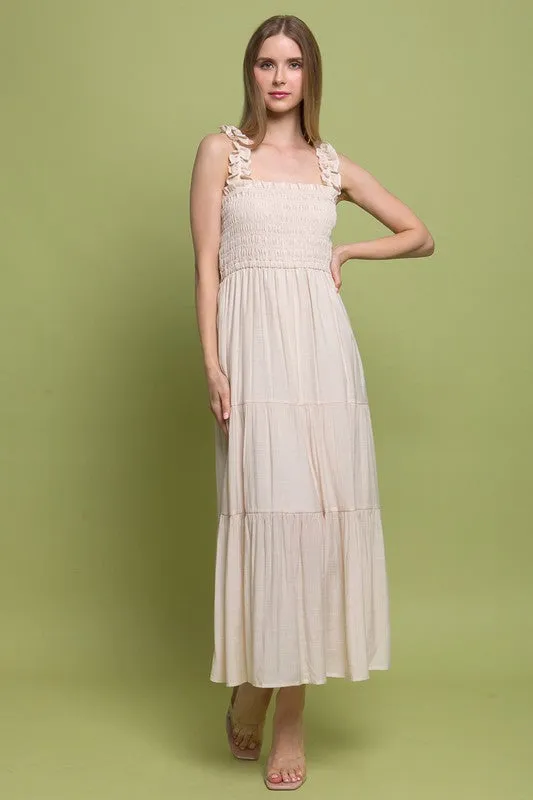 "That Girl" Ruffle Strap Smocked Tiered Maxi Dress - Nude Color