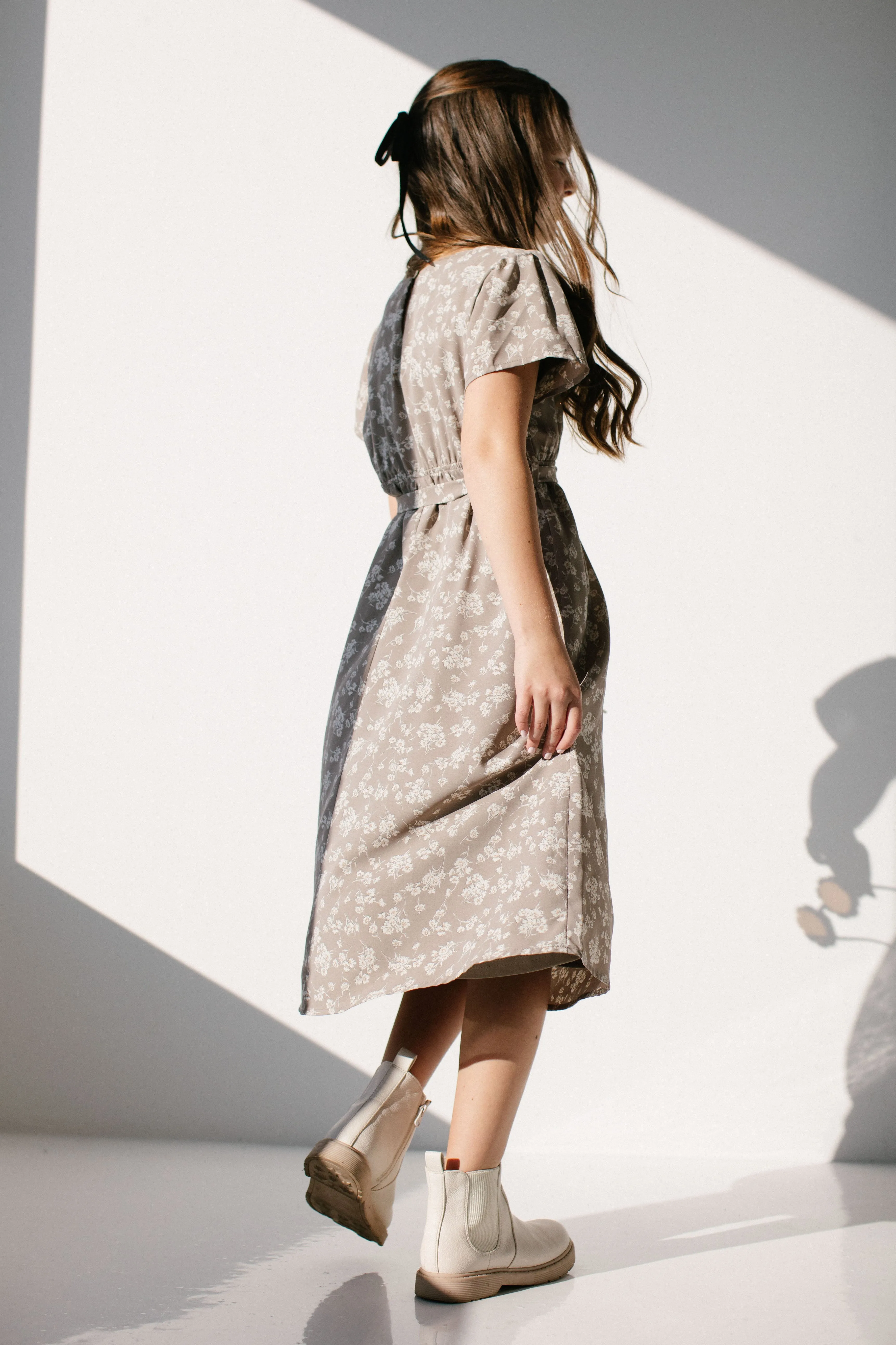 'Ramona' Girl Floral Dress in Soft Taupe FINAL SALE