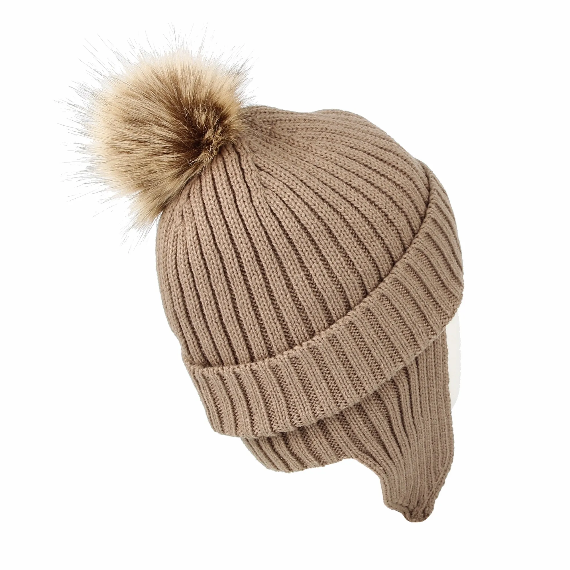 Ribbed Knit Beanie Velour Lining Hat Pom Earflaps Cap BZ70012